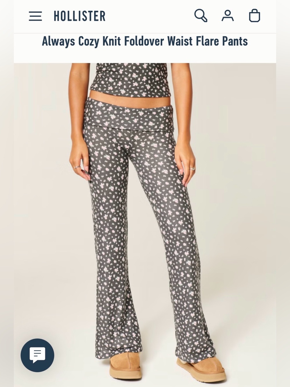Always Cozy Knit Foldover Waist Flare Pants- Charcoal Gray Floral Sz XS short